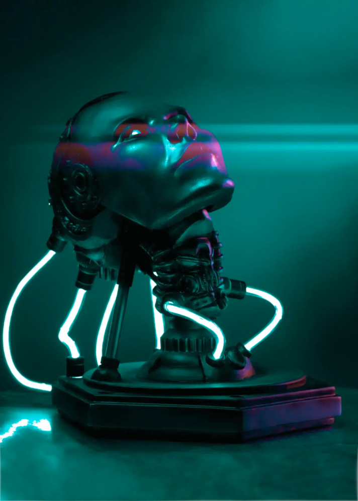 Project AD-01 handmade android sculpture Flux with green LED light front view
