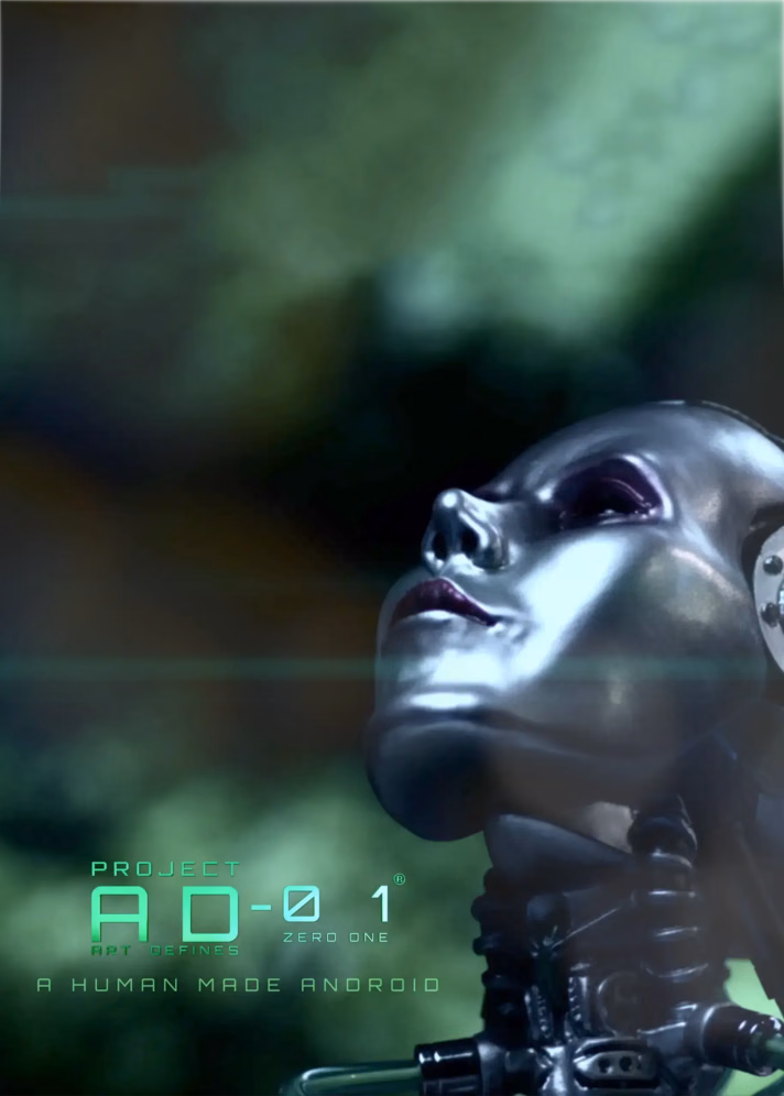 Project AD-01 handmade android sculpture Flux with green LED light front view