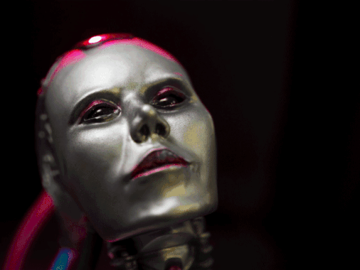 Project AD-01 handmade android sculpture Joule Closeup picture with black eyes, green light