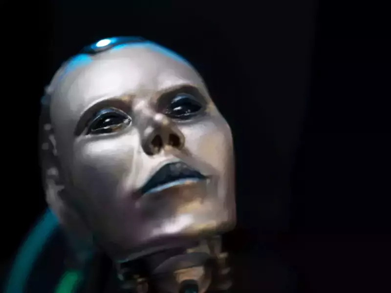 Project AD-01 handmade android sculpture Theta Closeup picture with black eyes, blue LED light