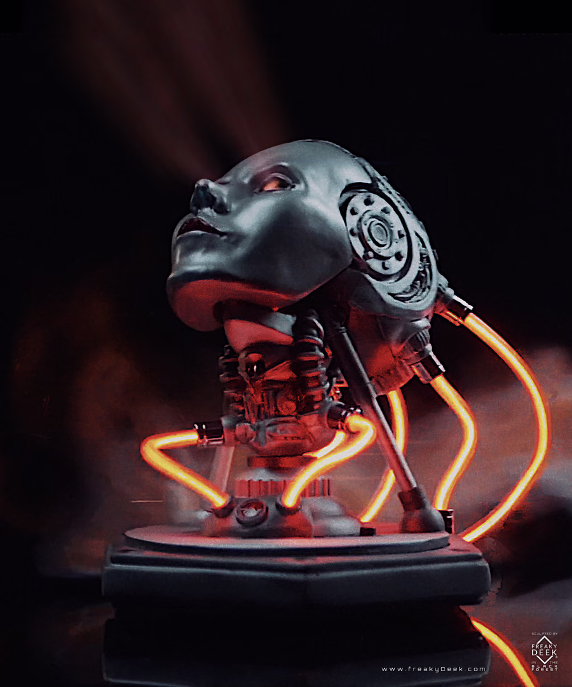 Project AD-01 handmade android sculpture bright Joule Special Edition with red LED energy tubes, product details: traditionally sculpted with polymer clay, scale 1:2, mold and cast by hand with artificial stone and PU resin, handpainted and assembled