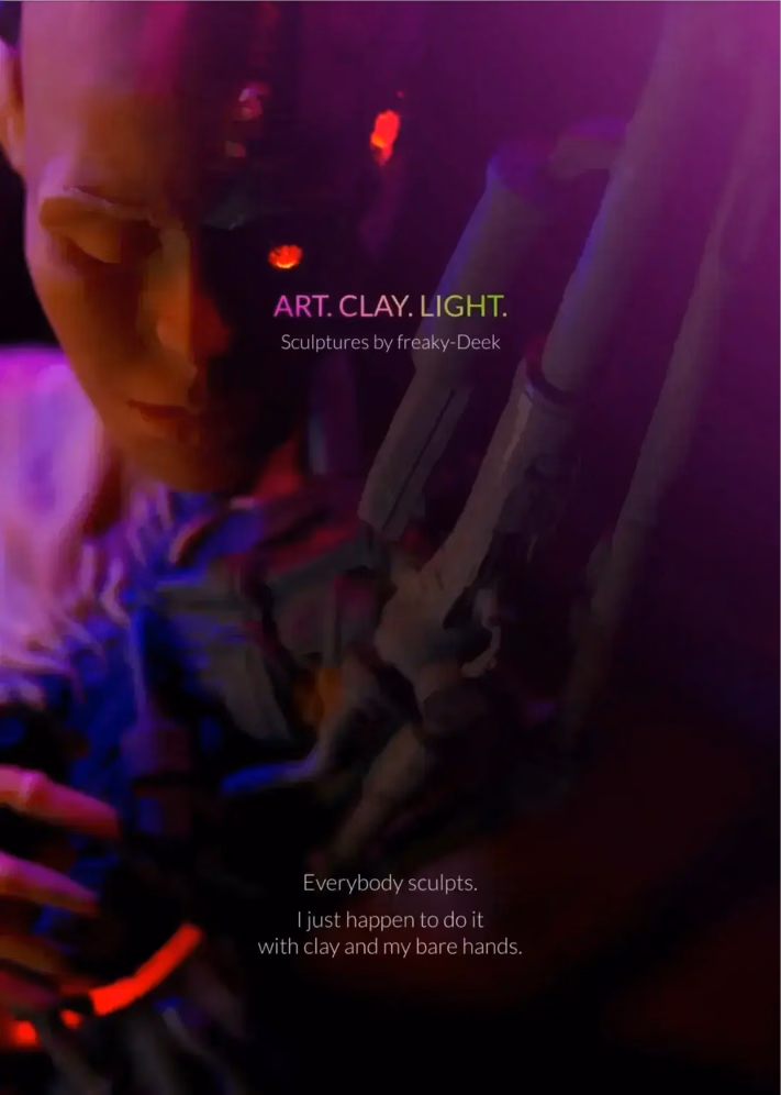 Cover of the artbook ART. CLAY. LIGHT. by sculptural artist freaky-Deek. The image shows a dimly lit, atmospheric scene in deep purples and reds. A close-up of a human-like sculpture with glowing red eyes appears on the left, merging with a mechanical hand or structure on the right. The title is displayed in bold neon text at the center: “ART. CLAY. LIGHT.” with a subtitle “Sculptures by freaky-Deek.” Below, in smaller text: “Everybody sculpts. I just happen to do it with clay and my bare hands.”